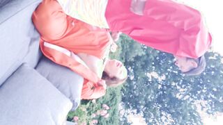 Hand Job and squirt on wifey's long hooters wearing rainwear and latex boots