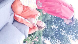 Hand Job and squirt on wifey's long hooters wearing rainwear and latex boots