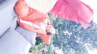 Hand Job and squirt on wifey's long hooters wearing rainwear and latex boots