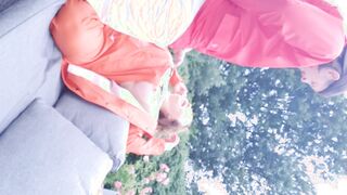 Hand Job and squirt on wifey's long hooters wearing rainwear and latex boots
