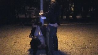 A hoe ex-wife drinks a piss inside a outside park