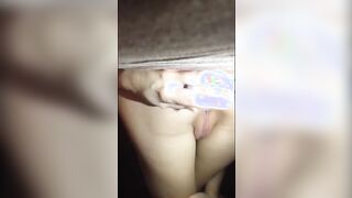 Slender student stretches her little anal with a long bottle inside close-up.