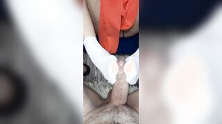 Cum on her white socks