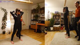 chick into leather catsuit gets Shibari energy bound, suspended, nipple clamps. Real uncut play!
