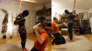chick into leather catsuit gets Shibari energy bound, suspended, nipple clamps. Real uncut play!