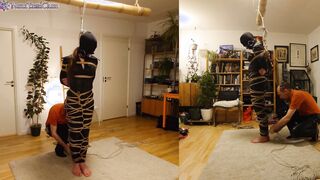 chick into leather catsuit gets Shibari energy bound, suspended, nipple clamps. Real uncut play!