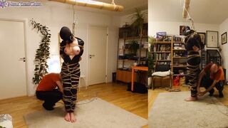 chick into leather catsuit gets Shibari energy bound, suspended, nipple clamps. Real uncut play!