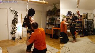 chick into leather catsuit gets Shibari energy bound, suspended, nipple clamps. Real uncut play!