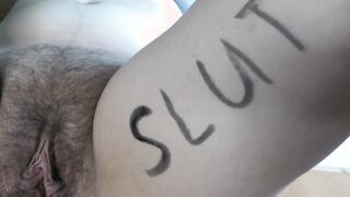 Slutty young fiance with a unshaved cunt got body writing