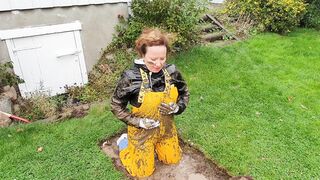 Mudplay into greased up rainwear and latex boots