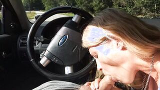 Milf blowing penis on the parking by the outdoor road. Outdoors dick sucking off and jizzed