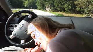 Milf blowing penis on the parking by the outdoor road. Outdoors dick sucking off and jizzed