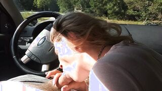 Milf blowing penis on the parking by the outdoor road. Outdoors dick sucking off and jizzed