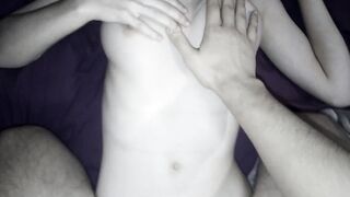 While he caresses my boobs I jerk off his dick | sperm on belly | smearing cum on hooters