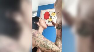 Huge titty inked women loves cum all over her face
