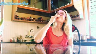 Amazing Goddess Blonde cougar into Red Dress With Party Mask Smoking Cigarette