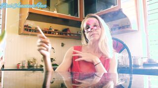 Amazing Goddess Blonde cougar into Red Dress With Party Mask Smoking Cigarette