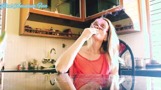 Amazing Goddess Blonde cougar into Red Dress With Party Mask Smoking Cigarette