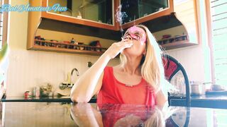 Amazing Goddess Blonde cougar into Red Dress With Party Mask Smoking Cigarette