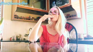 Amazing Goddess Blonde cougar into Red Dress With Party Mask Smoking Cigarette