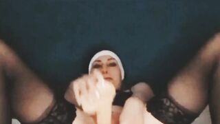 Lusty sinful nun found 2 toys and fucks herself inside cunt and anal