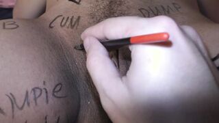 Pregnant slutwife gets kinky body writing on her body, belly