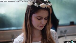 Slim dyke Alex Coal consoling a huge boobed bride Bunny