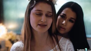 Slim dyke Alex Coal consoling a huge boobed bride Bunny