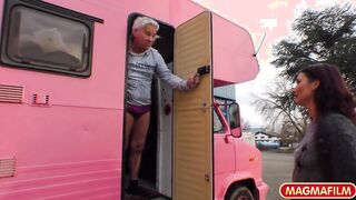Inked doll gets mouth fuck into the van
