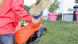 Fucking ex-wife outdoor inside oily rainwear and Hunter boots