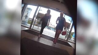 BBW Cougar into tight blue dress nude stockings upskirt