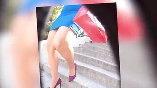 BBW Cougar into tight blue dress nude stockings upskirt