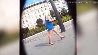 BBW Cougar into tight blue dress nude stockings upskirt