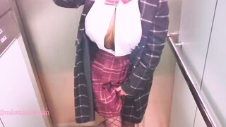 School Girl 19 yo gets naked nude inside elevator after school almost caught by neighbor outdoors masturb