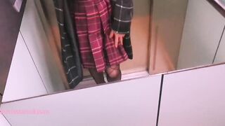 School Girl 19 yo gets naked nude inside elevator after school almost caught by neighbor outdoors masturb