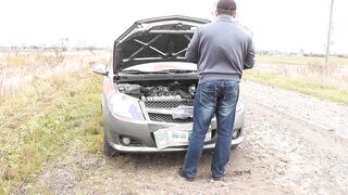 Random passerby man helped to repair vehicle DuBarry and boned doggy style on hood auto. Sex inside outside
