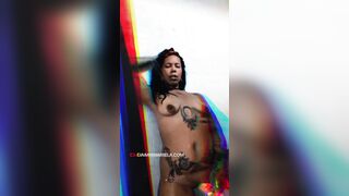 Inked Hispanic Masturbating Inside Trippy Shower