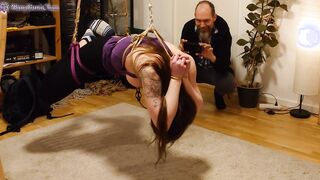 A really bad idea: sluts suspended inside crotch rope with nipple clamps
