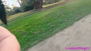 a bimbos pisses inside her jeans on a outdoors bench and is nailed (female version)