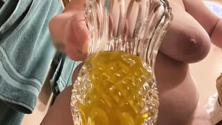 BBW Fiance into crotchlesss lace underwear pee inside a vase and bathing into it