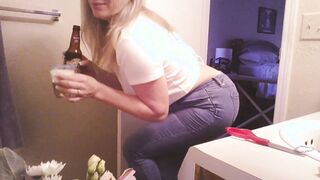 I had another accident inside your WC Daddy. Blonde Pawg Hotwife piss cup Jeans Soak white Tshirt