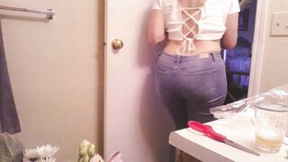 I had another accident inside your WC Daddy. Blonde Pawg Hotwife piss cup Jeans Soak white Tshirt