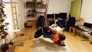 Shibari: women bound up, suspended & toyed with; Nipple clamps, Real lovers & actual play