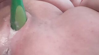 Shoving floor mop handle into n out of creamy smooth vagina- up close and cumming!