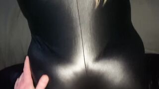 Big Titted bimbo into leather cat suits tit wanks and ride him until he explodes on her melons