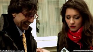 Tied bushy dark hair double penetration fuck