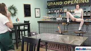 Barista serving free cunt to customers