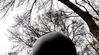 A sluts with a crazy sexy ass walks into an autumn park inside leather leggings and sometimes shows her titted