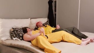 Romantic play with 2 cocks into rainwear