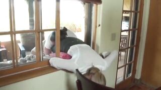 Cute cougar GETS STUCKED INSIDE WINDOW and Banged by two Men